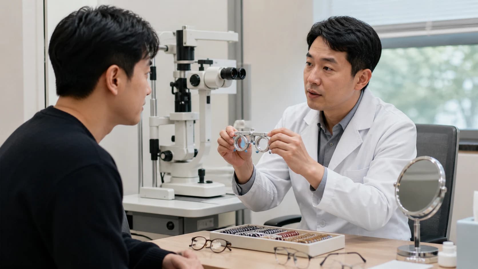 현재 시력 교정과 시간이 지나며 굴절값 안축장이 변하는 진행 및 생활 안전 결과를 분리하는 정보 도해