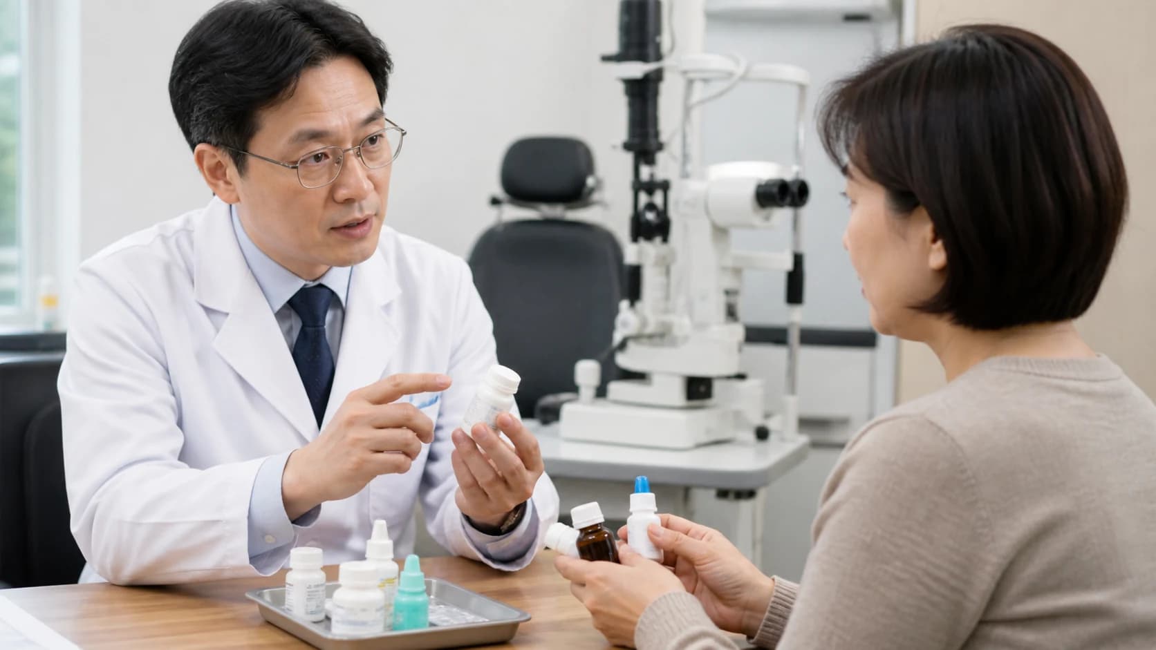 사전검사 뒤 새 약 전신 상태 눈 상태 변화를 이름 용량 시점 처방자와 함께 공유하는 정보 도해
