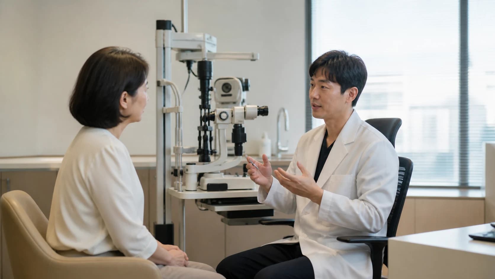 기기 절차 렌즈 눈표면 점안 약 검사 시점 응답 조건을 맞춰 측정 불일치를 재확인하는 정보 도해