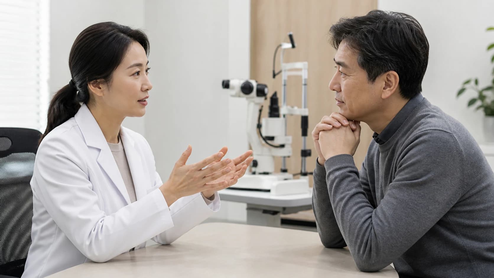 노안 교정 목표를 실제 과업 거리 크기 조명 대비 지속시간 안전 요구와 무안경 필요 시 안경 우선순위로 정의하는 정보 도해