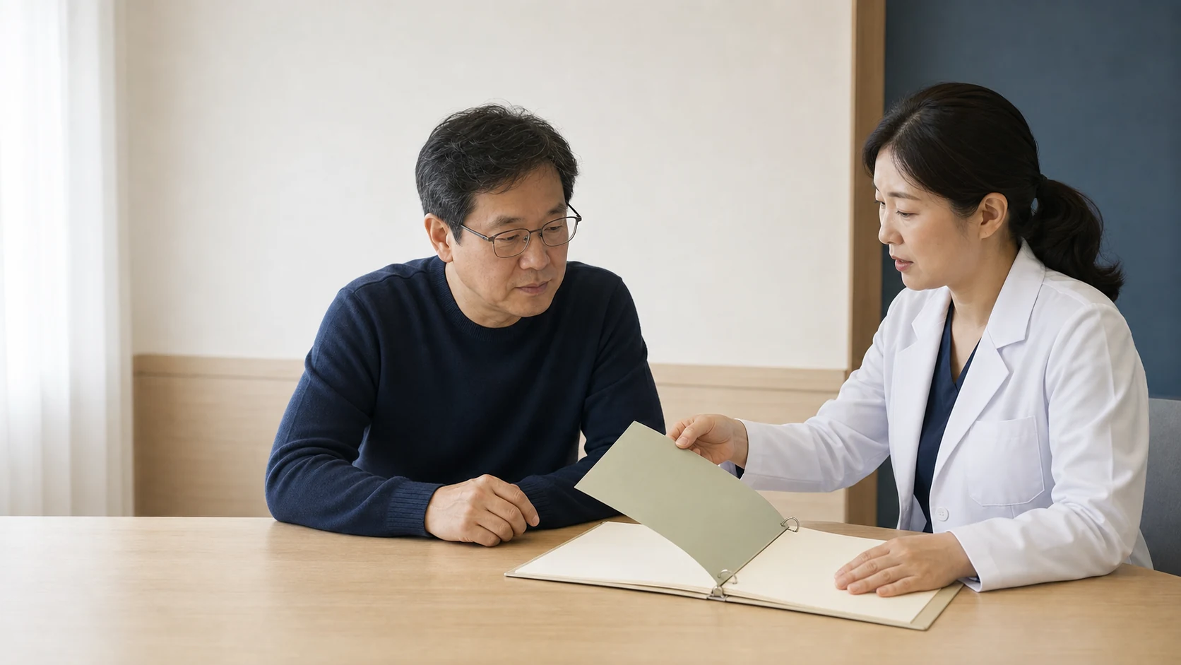 환자와 의료진이 변경된 기록 페이지를 넘기며 기존 설명을 다시 확인하는 상담 장면