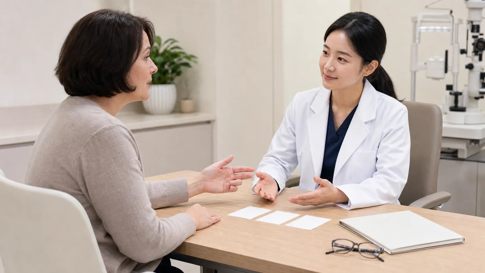 환자가 무표기 자료를 보며 설명을 자기 말로 되짚고 의료진이 듣는 장면