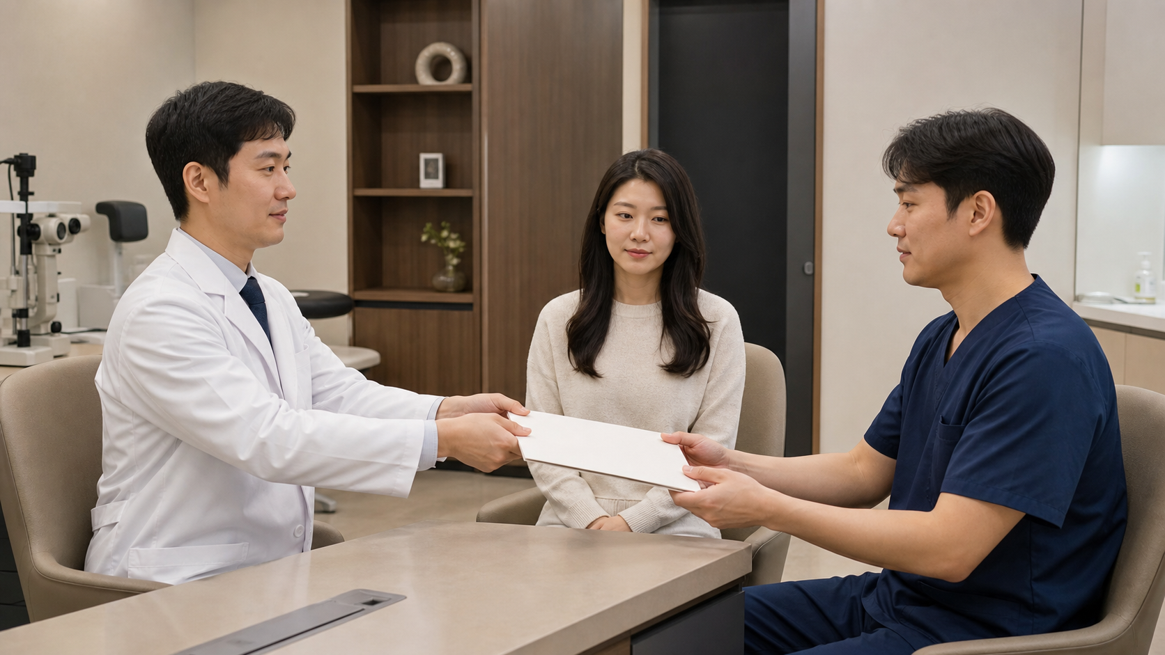 환자가 지켜보는 가운데 두 담당 의료진이 무표기 자료철을 직접 인계하는 장면
