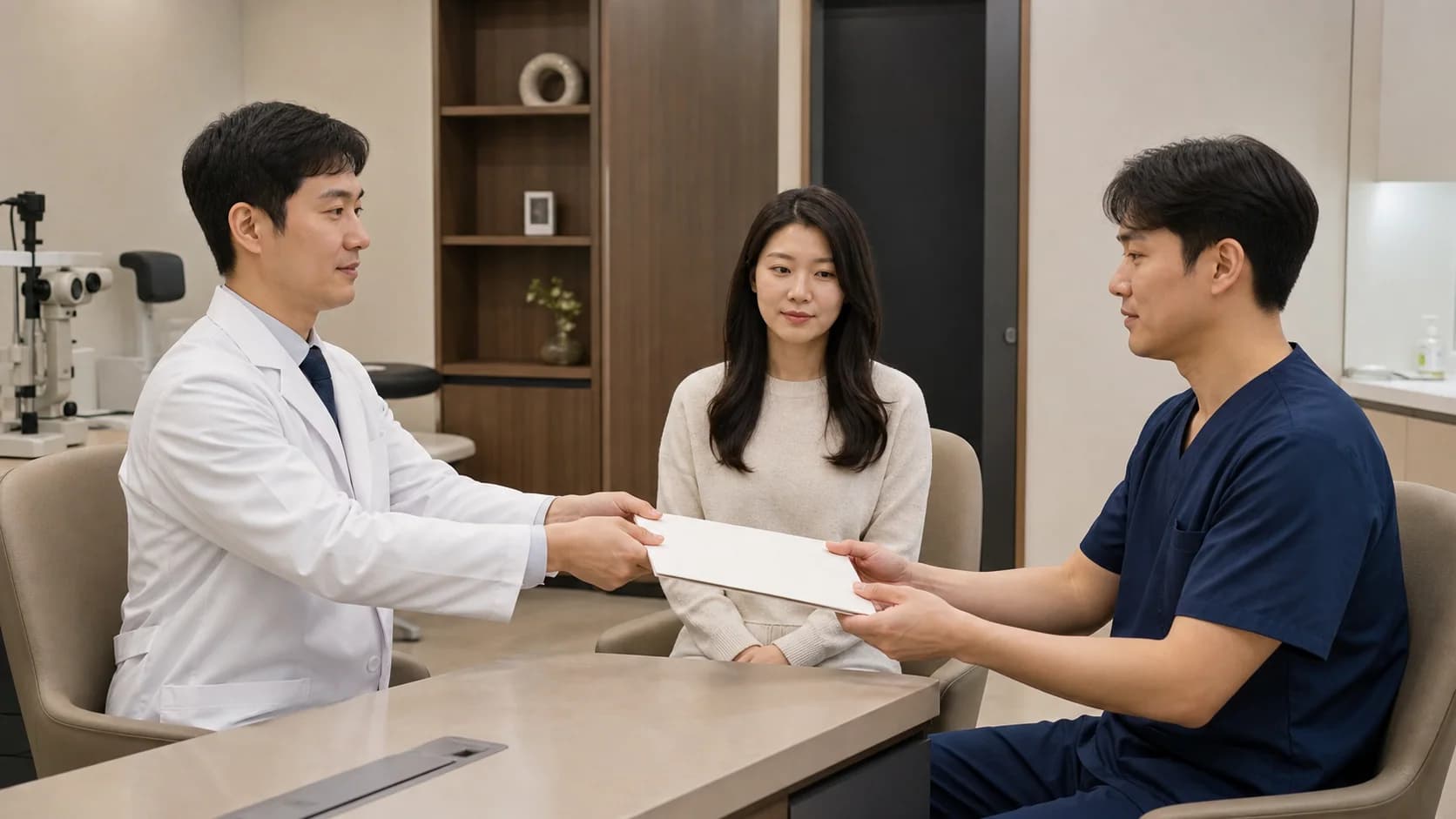 환자가 지켜보는 가운데 두 담당 의료진이 무표기 자료철을 직접 인계하는 장면
