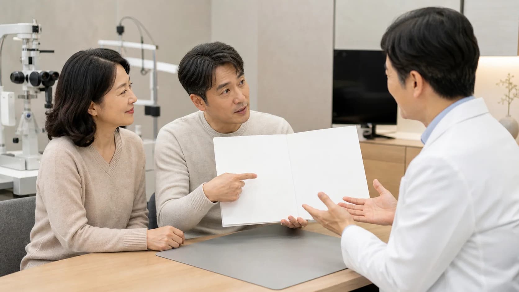 환자와 귀가 동행자가 현재 무표기 지침을 자기 말로 되짚고 의료진이 확인하는 장면