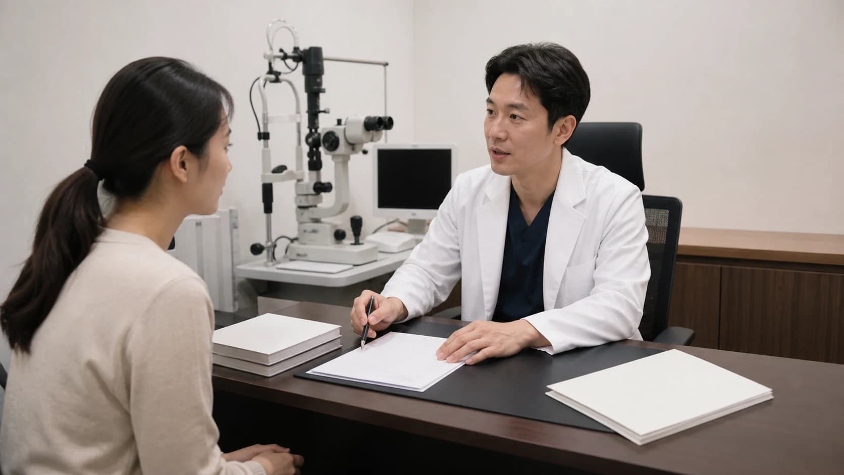 무표기 홍보물을 한쪽에 두고 확인 가능한 진료 질문 자료를 중앙에 놓는 장면