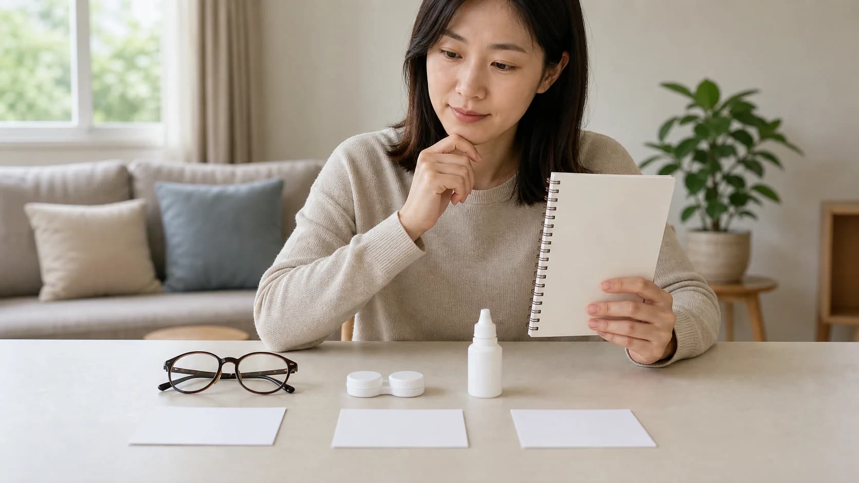 현재 안경·콘택트렌즈 케이스·눈표면 관리 자료를 측정 맥락으로 준비하는 장면