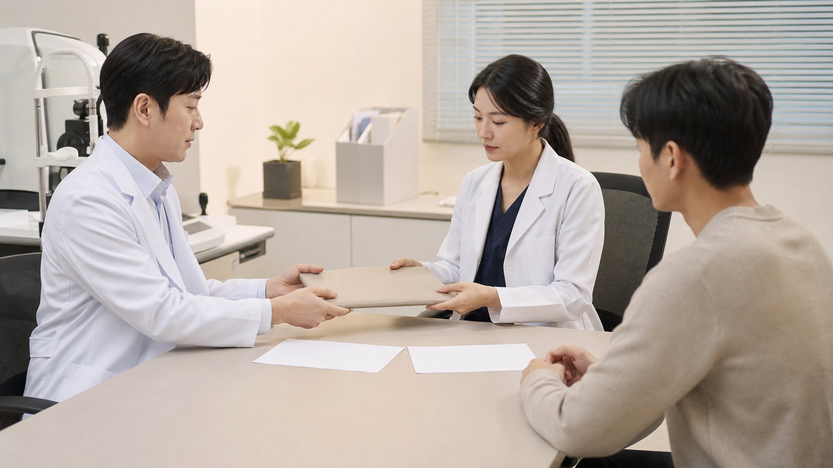 두 의료진이 같은 무표기 자료 묶음을 직접 인계하고 환자가 지켜보는 장면