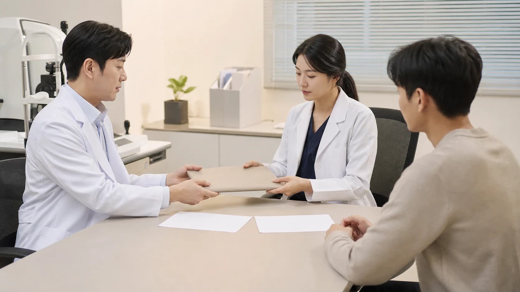 두 의료진이 같은 무표기 자료 묶음을 직접 인계하고 환자가 지켜보는 장면