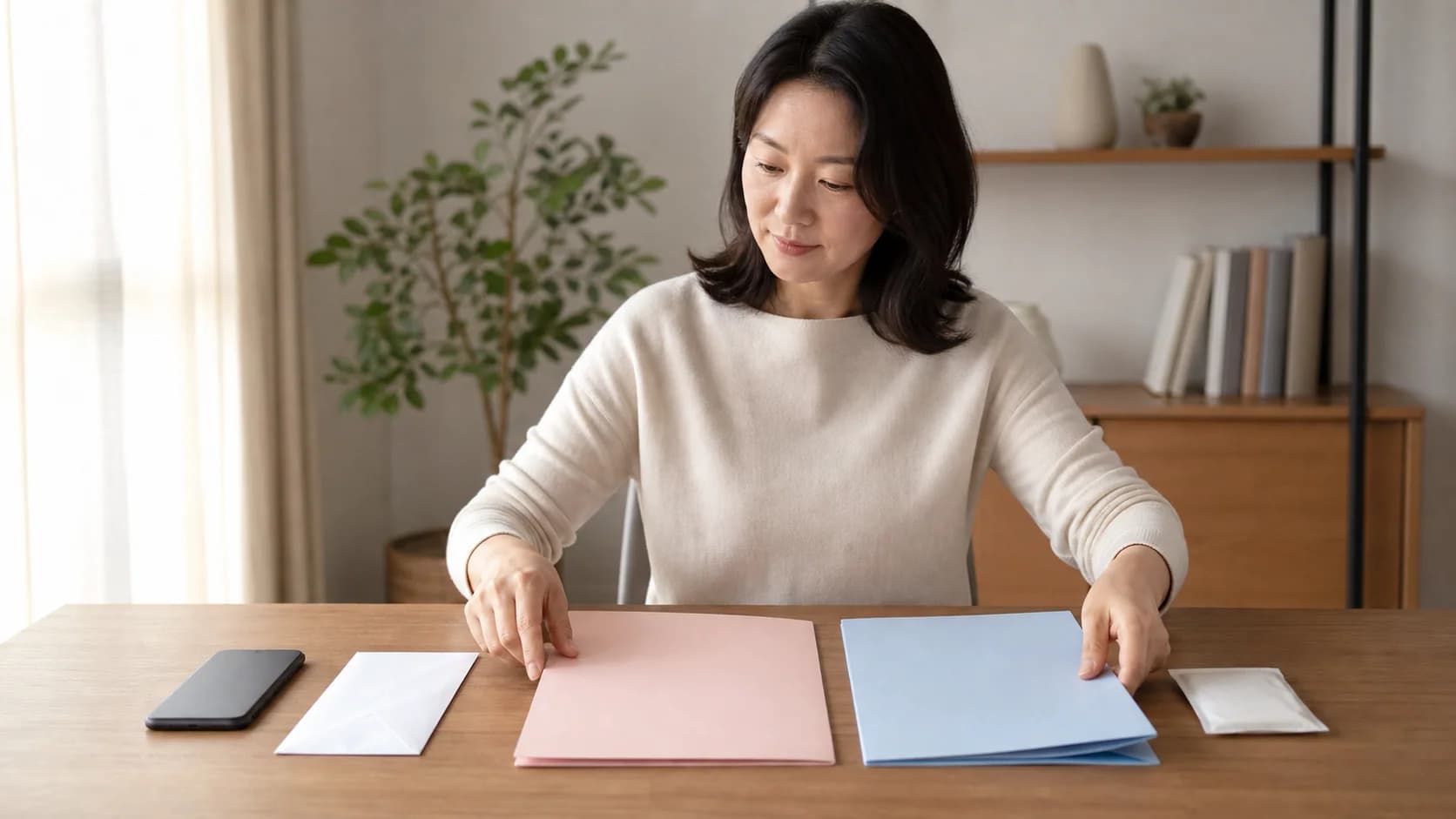 휴대전화·봉투·서로 다른 안내 자료 묶음을 합치지 않고 수집하는 장면