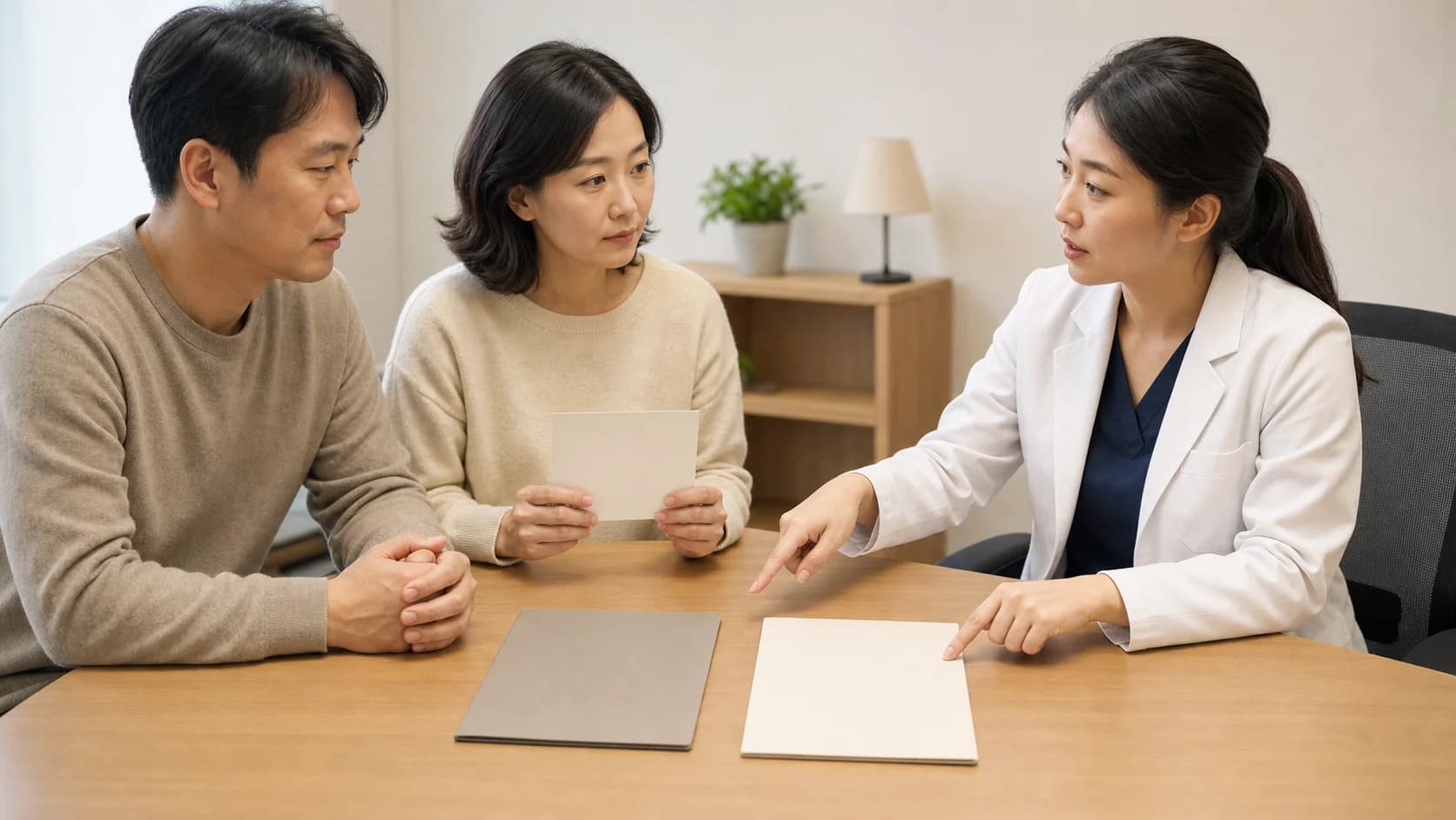 환자와 동행인이 서로 다른 안내 자료를 의료진과 대조해 현재 지시를 확인하는 장면