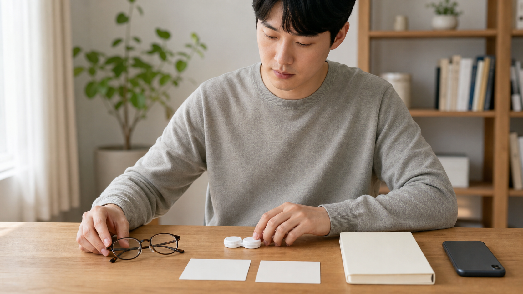 일반 안경·콘택트렌즈 케이스·빈 기록 자료로 검사 전 맥락을 준비하는 장면