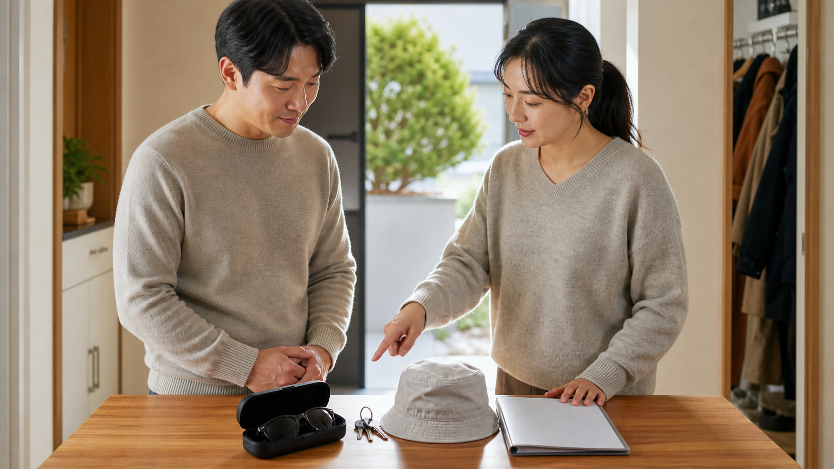 환자와 동행인이 보호 안경·모자·귀가 준비물을 미리 확인하는 장면