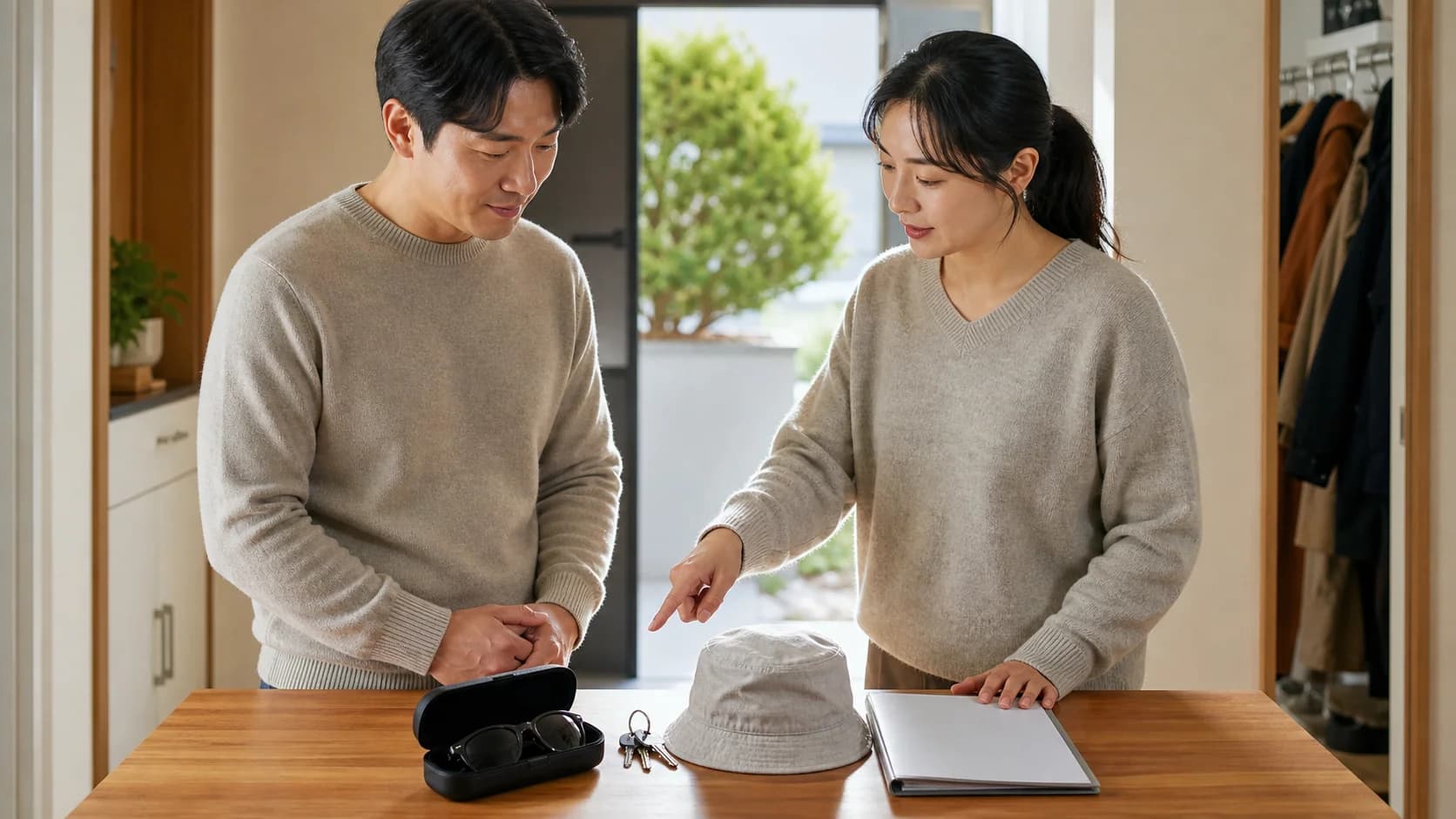 환자와 동행인이 보호 안경·모자·귀가 준비물을 미리 확인하는 장면