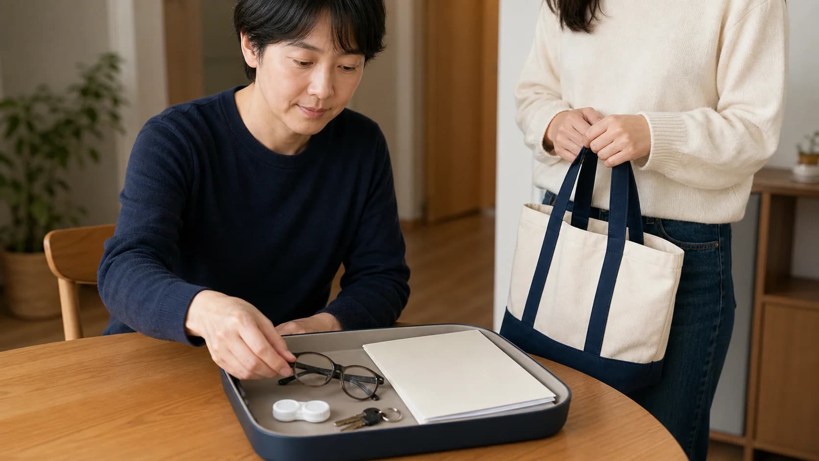 안경과 렌즈 케이스, 열쇠, 빈 질문 자료를 동행인과 함께 준비하는 장면