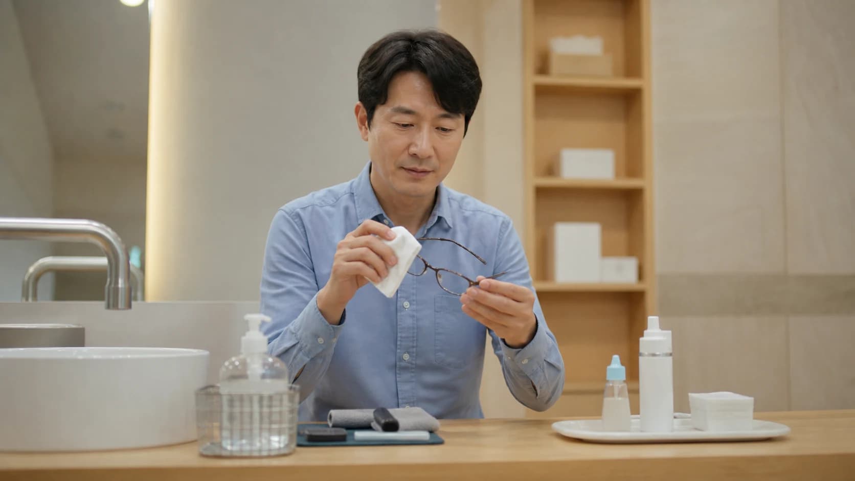 안경을 얼굴에서 떼어 닦고 안경 세척용품과 눈 관리용품을 서로 떨어뜨려 둔 장면