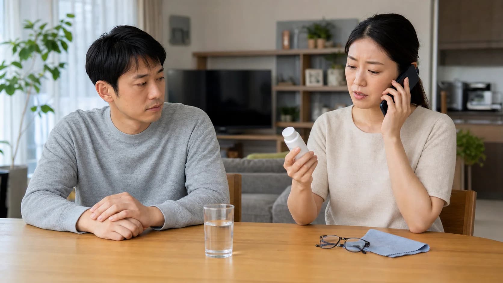 안경 세척용품을 내려놓고 눈을 만지지 않은 채 제품 용기를 확인하며 전화 상담하는 장면