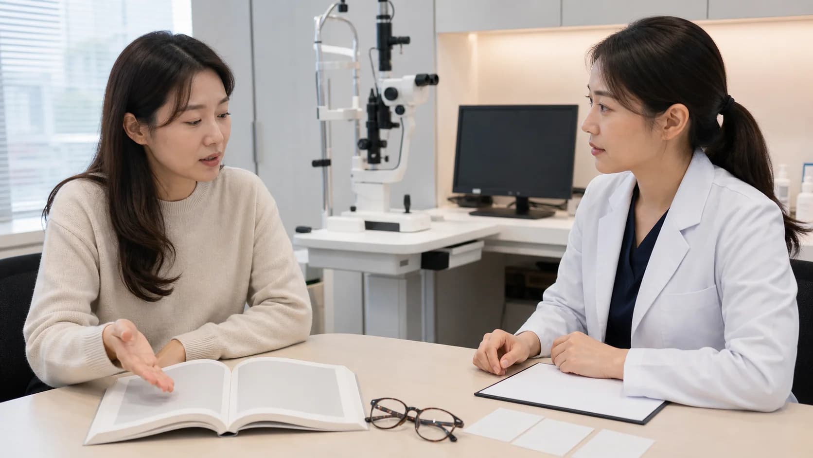 읽던 책과 안경, 맥락별 빈 기록 카드를 두고 독서 불편의 조건을 의료진에게 설명하는 장면