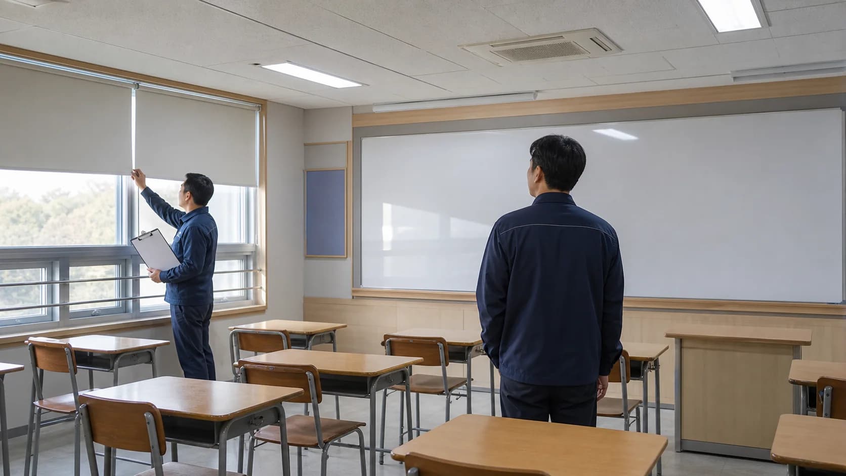 학생이 없는 교실에서 한 좌석의 시야와 차양, 빈 칠판의 빛 경로를 점검하는 시설 담당자