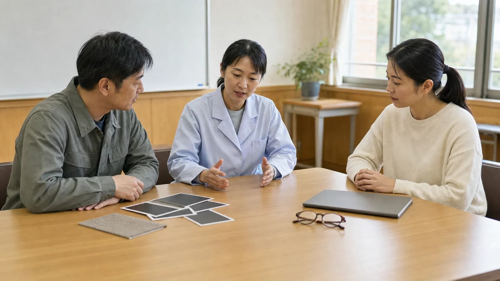 교실 환경 자료와 아이의 안경·진료 인계 폴더를 서로 다른 묶음으로 검토하는 학교 관계자와 보호자