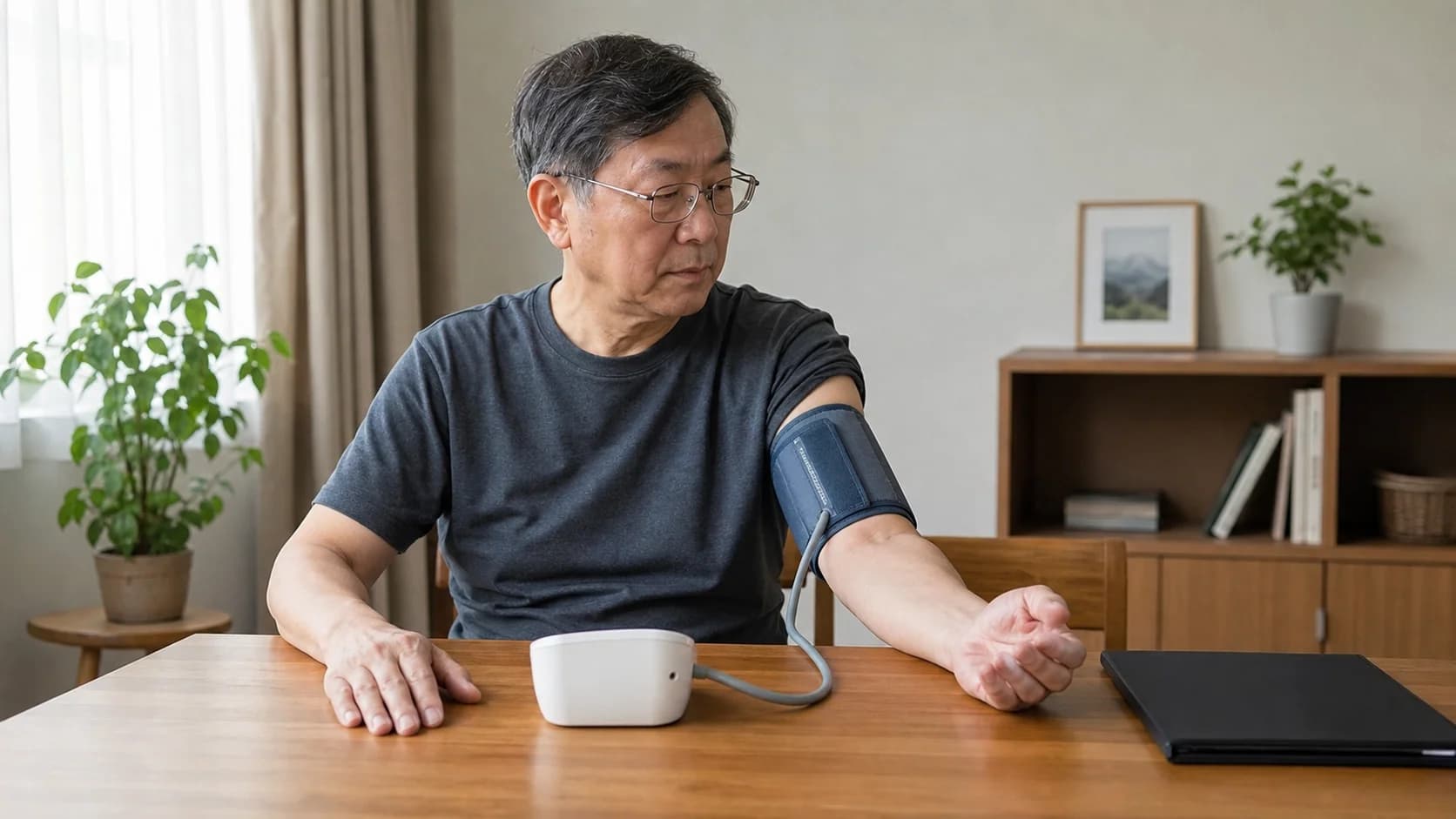 화면의 수치를 노출하지 않고 상완 혈압 측정 맥락과 별도의 눈 진료 폴더를 구분해 준비하는 장면