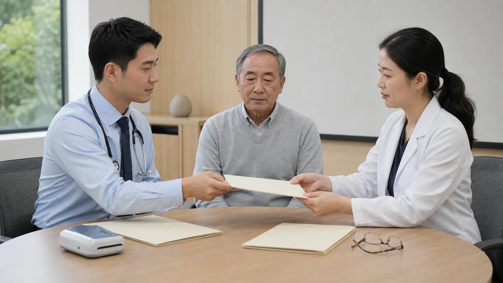 전신 혈압 자료와 눈 진료 자료를 분리한 채 두 진료 경로가 무기입 인계 문서를 함께 전달하는 장면