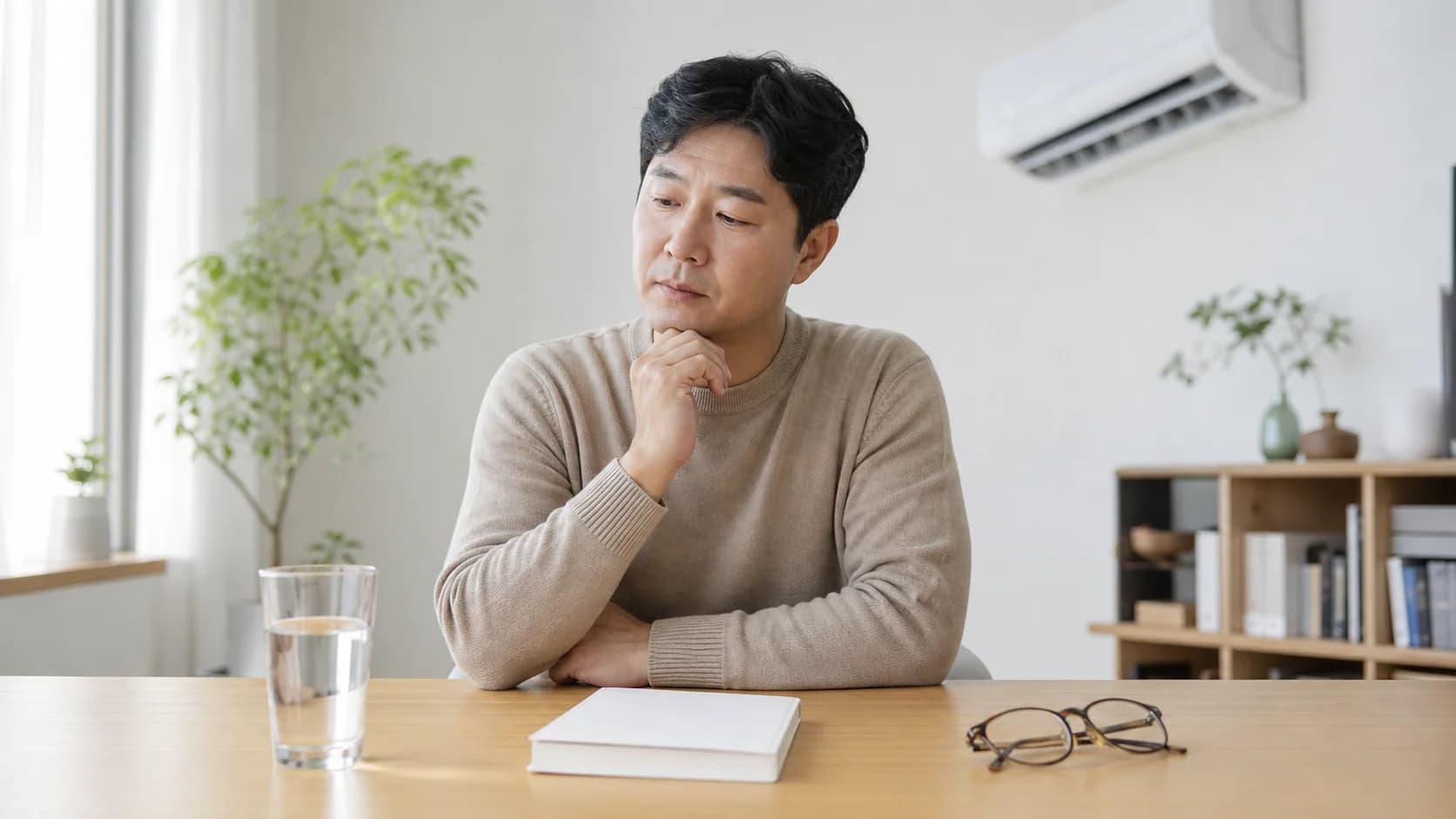 물·건조한 작업 환경·읽기용 안경을 서로 다른 단서로 살피는 모습