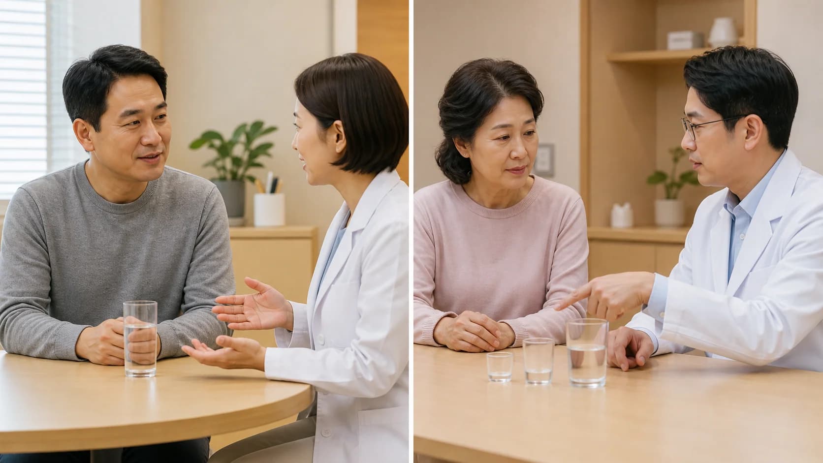 일반 성인과 수분 제한이 필요한 성인이 각자 다른 계획을 확인하는 장면
