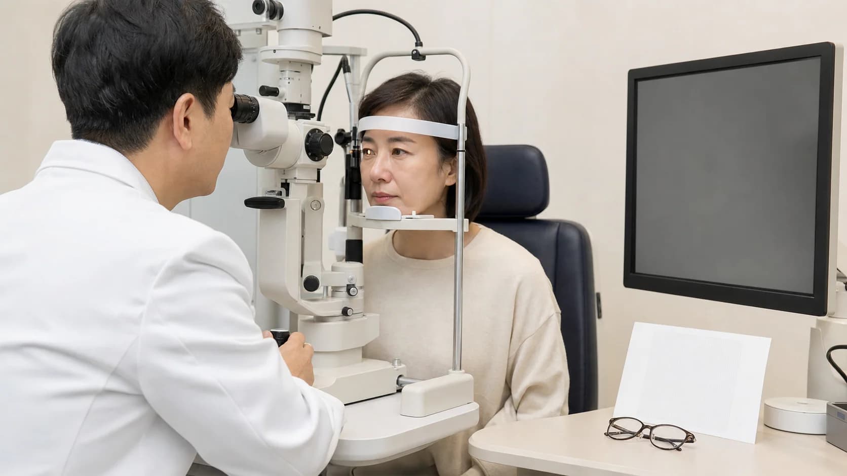 안과에서 눈물막과 근거리 시기능을 구분해 확인하는 진료 장면