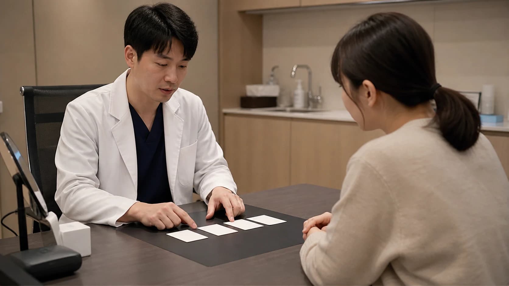 정확한 섭취량을 강박적으로 세지 않고 활동·체액 손실·평소 음료·전신 단서를 네 빈 카드로 정리하는 장면