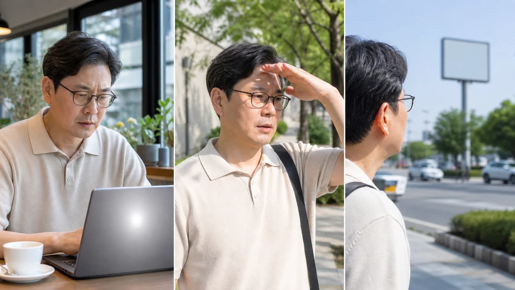 화면 반사·빛 자체 불편·먼 거리 흐림을 세 장면으로 구분한 이미지