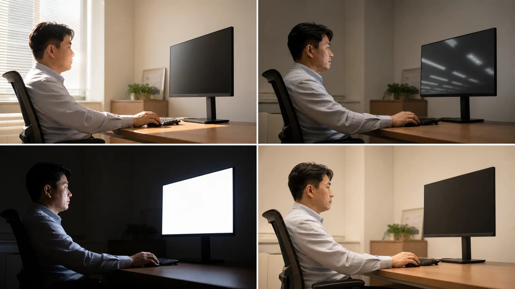직사광·반사광·밝기 대비·균일 조명을 네 환경으로 비교한 모습