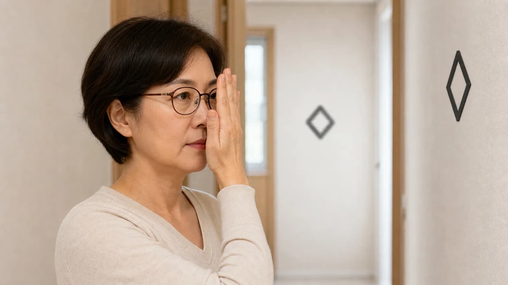 한쪽 눈씩 가려 같은 먼 도형을 비교하고 안경 상태를 확인하는 모습