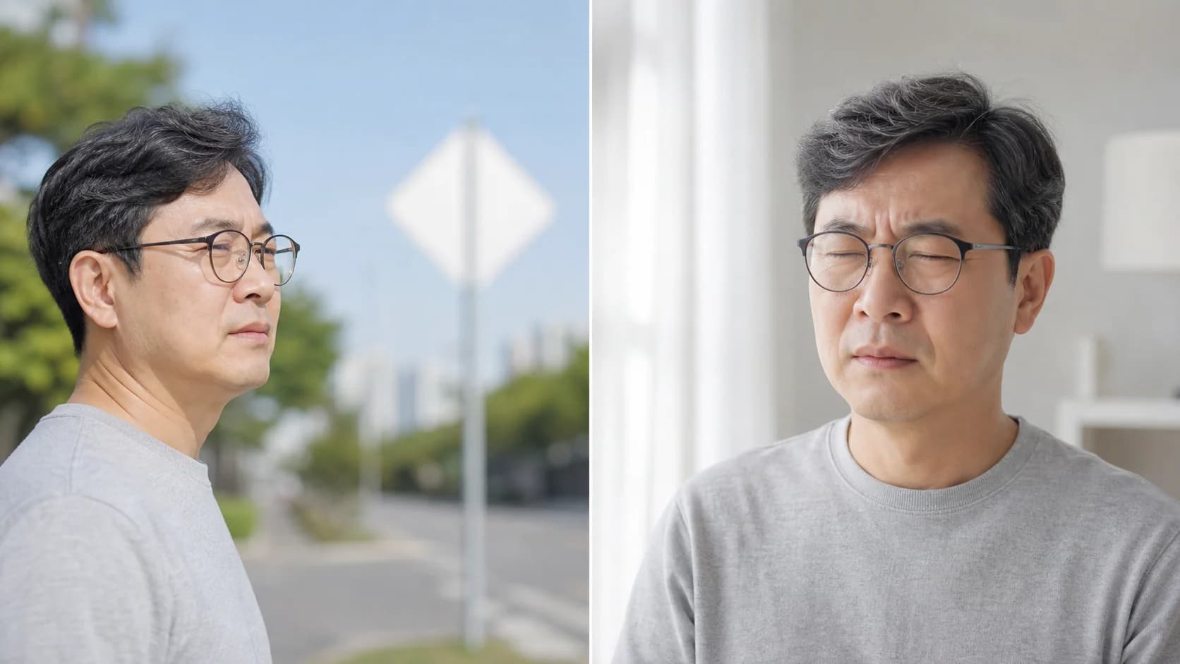 먼 거리 굴절 흐림과 밝은 빛 통증을 두 장면으로 분리한 이미지