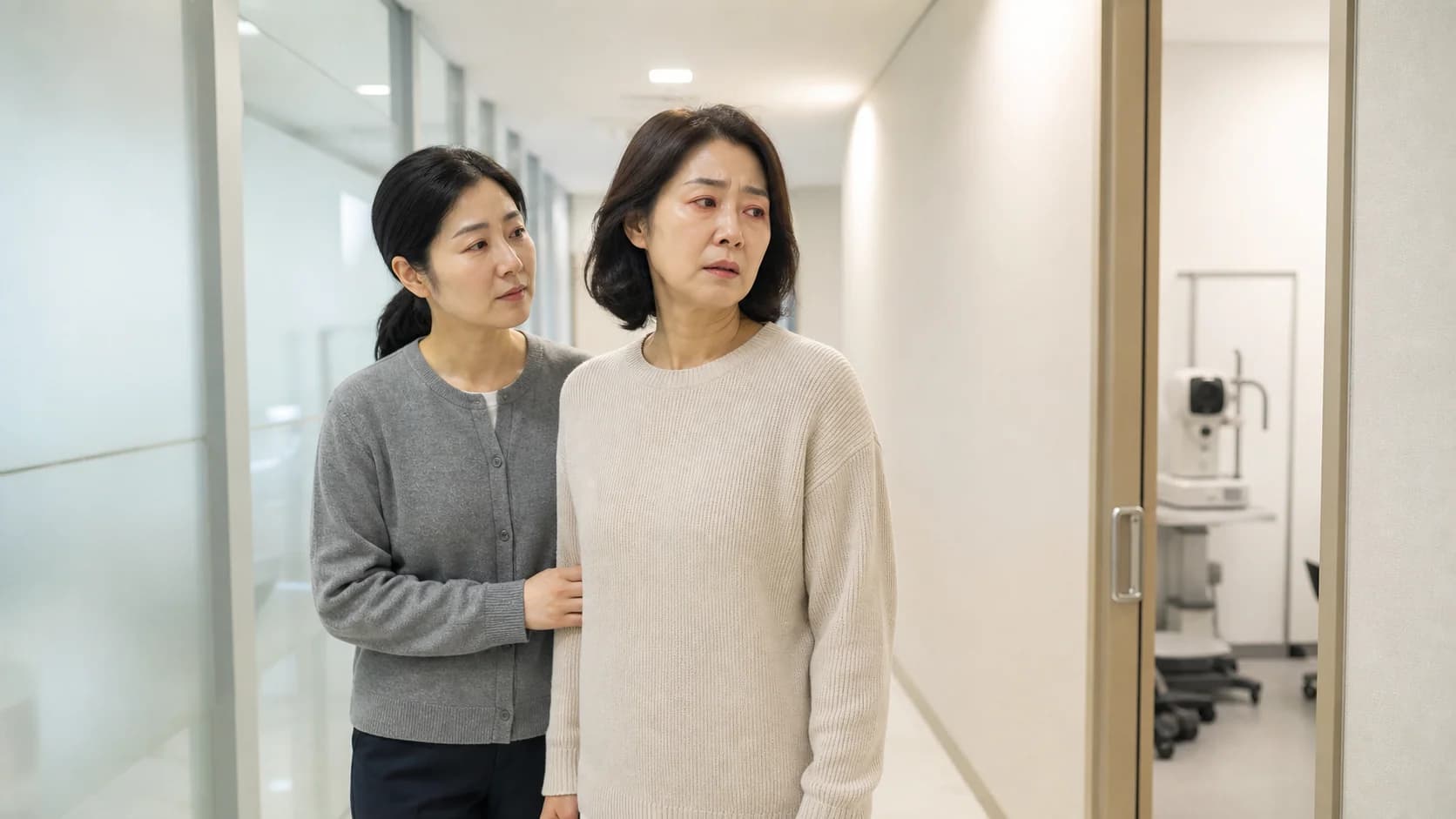 한쪽 통증·충혈·시력 저하와 광과민이 있는 사람이 보호자와 진료로 향하는 모습