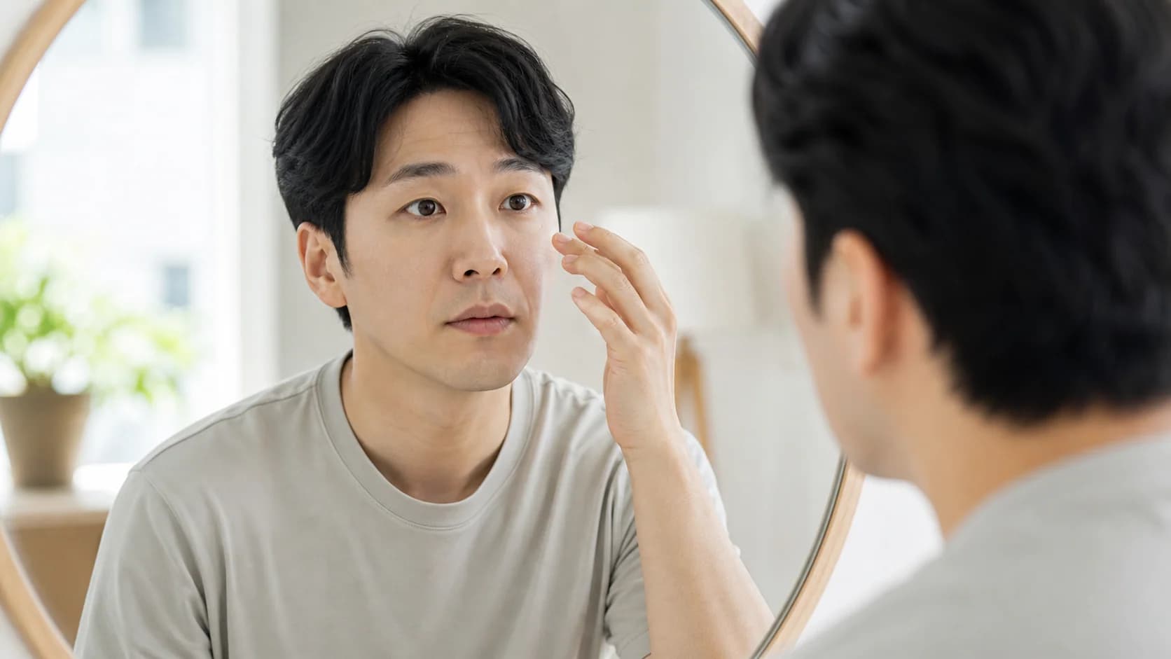 눈 가까이 간 손을 멈추고 비비게 된 원인을 먼저 살피는 모습