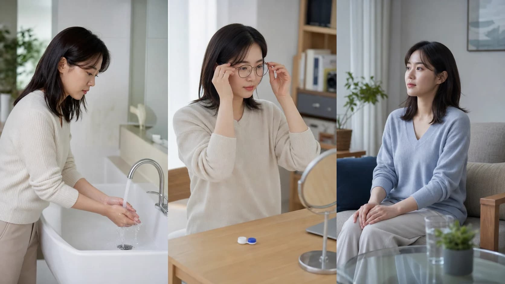 눈 비빈 뒤 손 씻기와 렌즈 중단, 비접촉 관찰을 구분한 장면