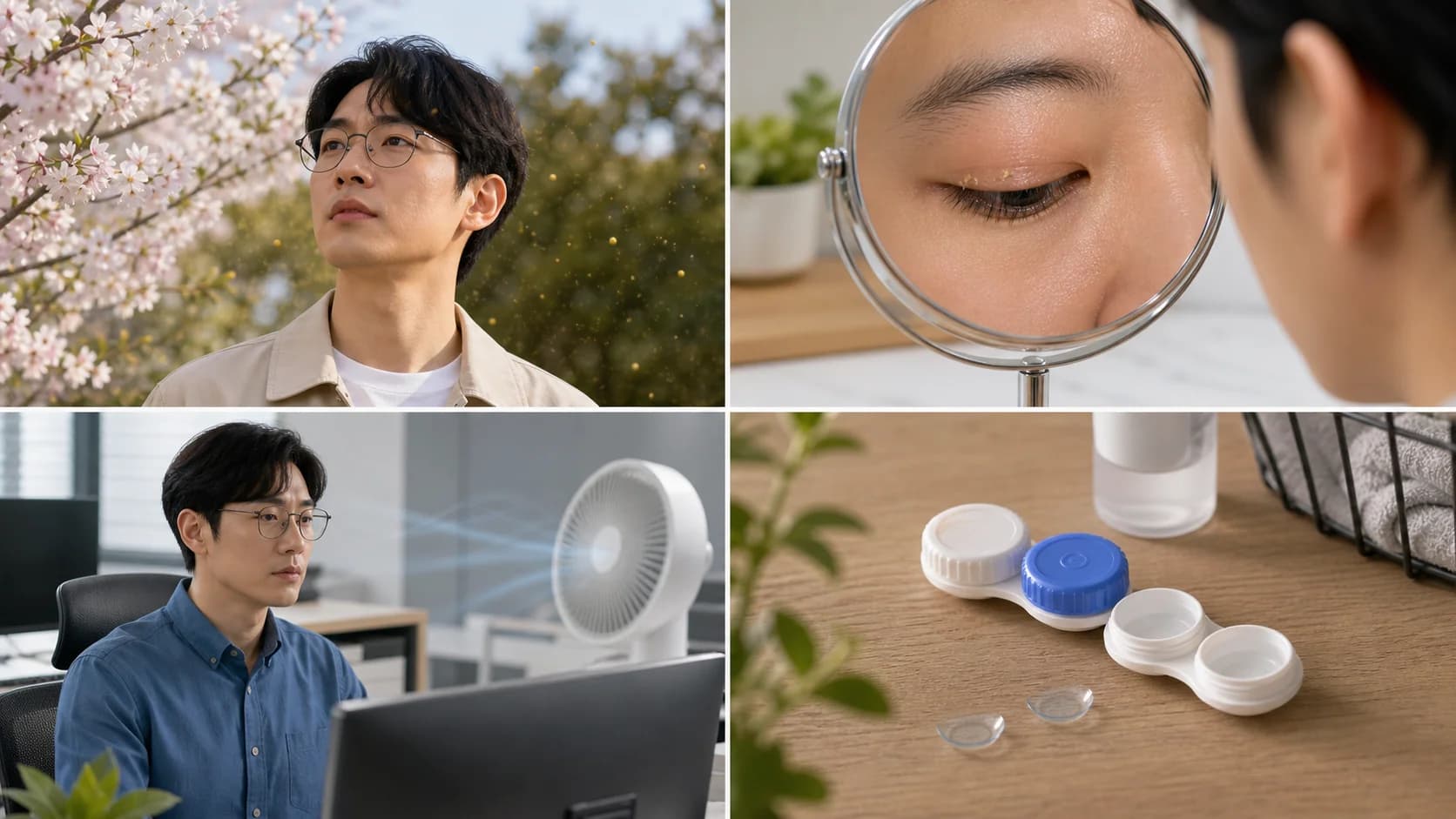 꽃가루·눈꺼풀 가장자리·건조 환경·렌즈 불편을 원인 후보로 나눈 이미지