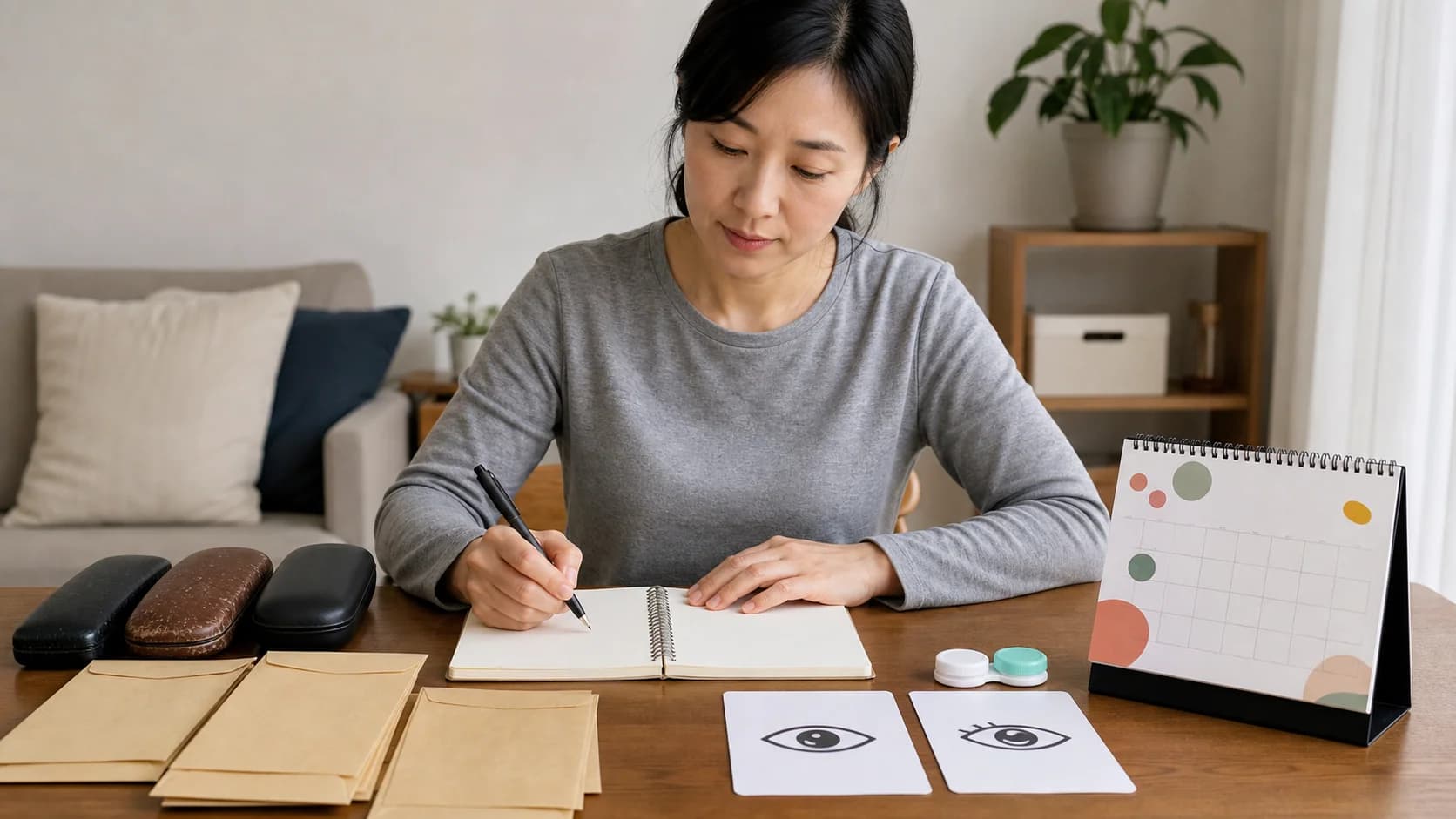좌우 차이·시작 시점·비비는 상황·안경 교체 이력을 정리하는 장면
