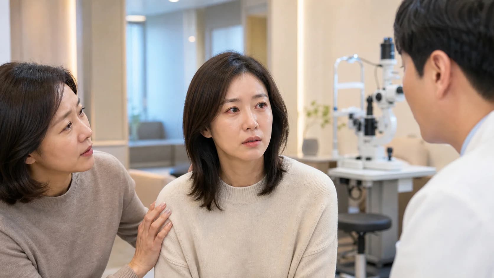 통증·심한 충혈·광과민·갑작스러운 시력 저하가 있는 사람이 진료로 향하는 모습