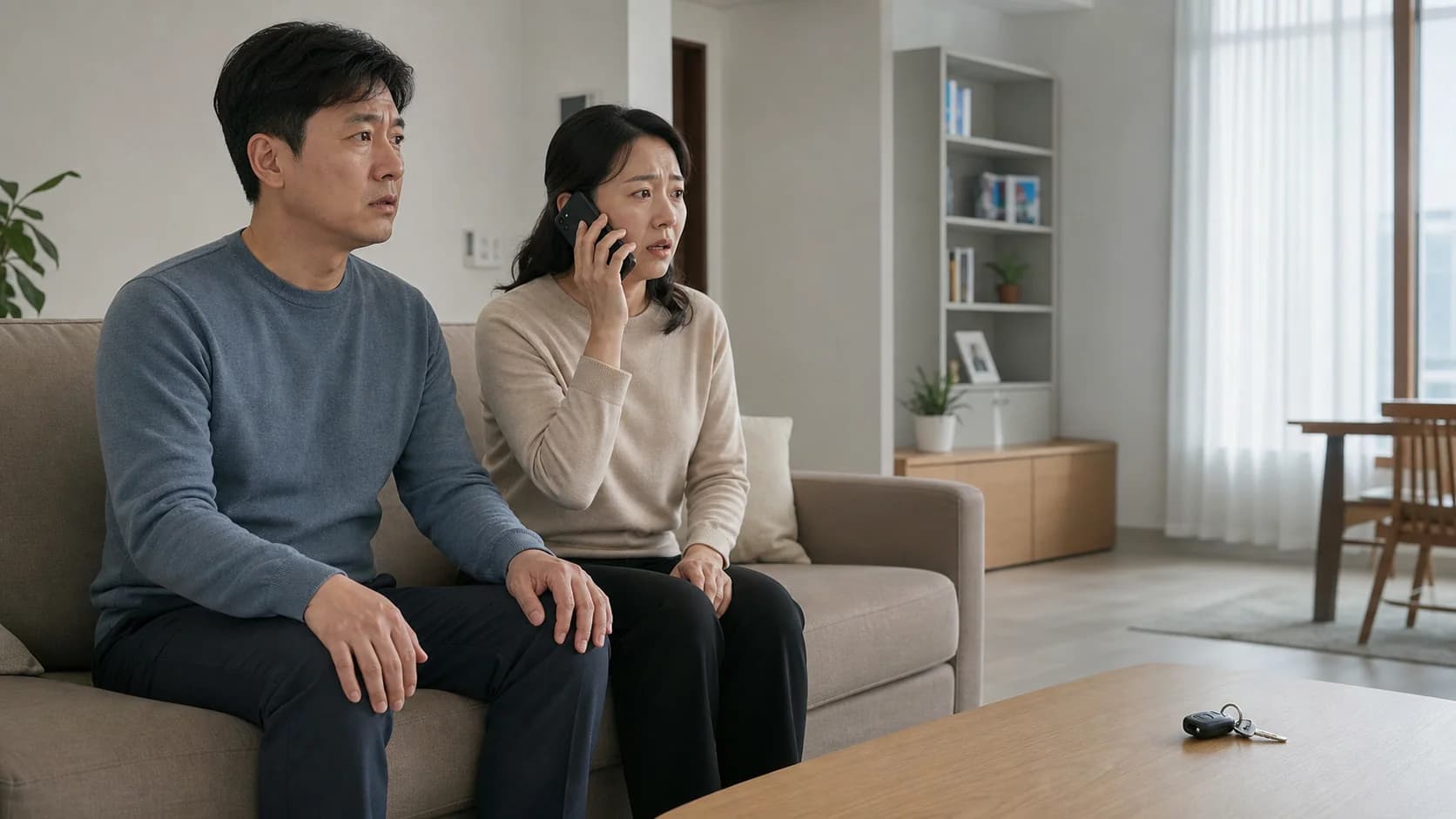 갑작스러운 시야 변화가 온 사람 옆에서 즉시 도움을 요청하는 모습