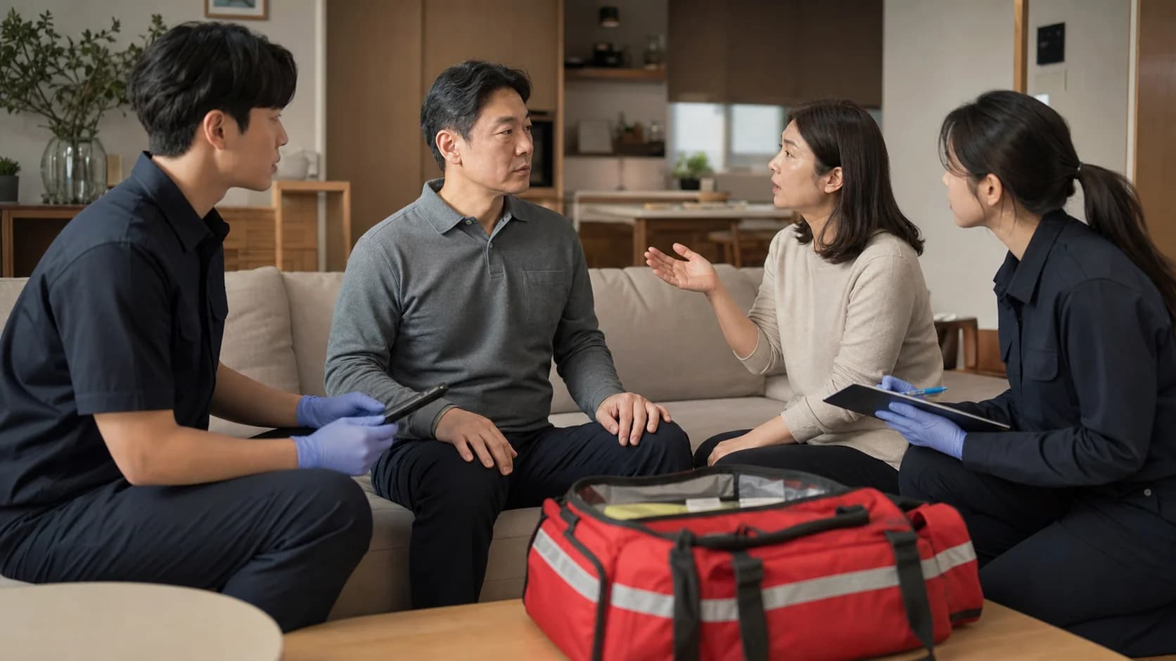 시야가 돌아온 뒤에도 보호자와 구급대 평가를 받는 모습