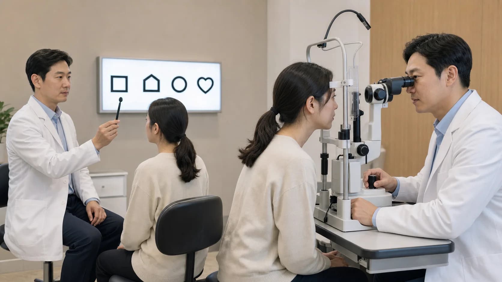 응급 신호가 배제된 뒤 시력·동공·안저를 평가하는 안과 진료
