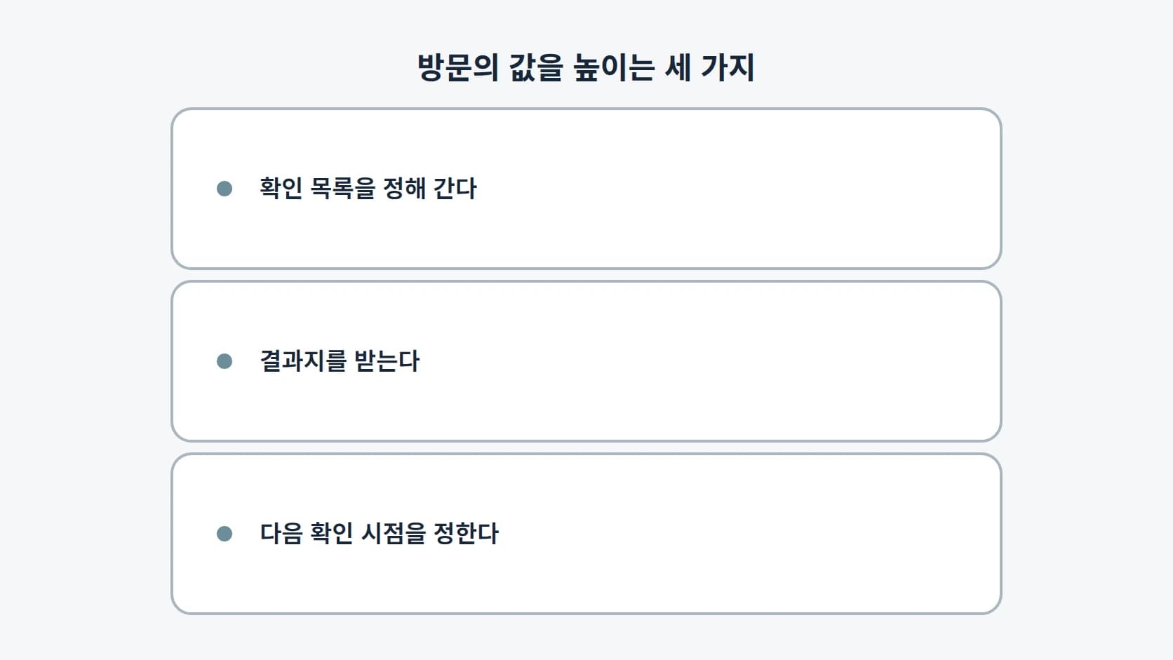 확인 목록을 정해 가기, 결과지를 받기, 다음 확인 시점을 정하기 세 항목을 세로로 정리한 도해