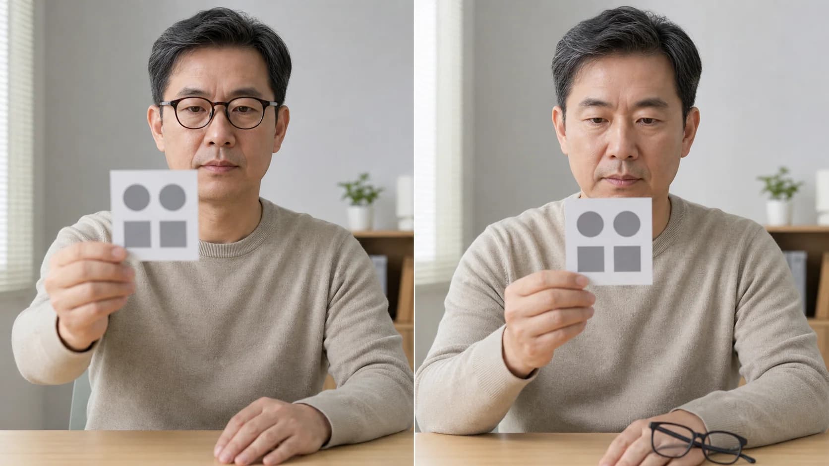 근시 성인이 안경 착용·벗음 상태에서 같은 근거리 과업을 비교하는 장면
