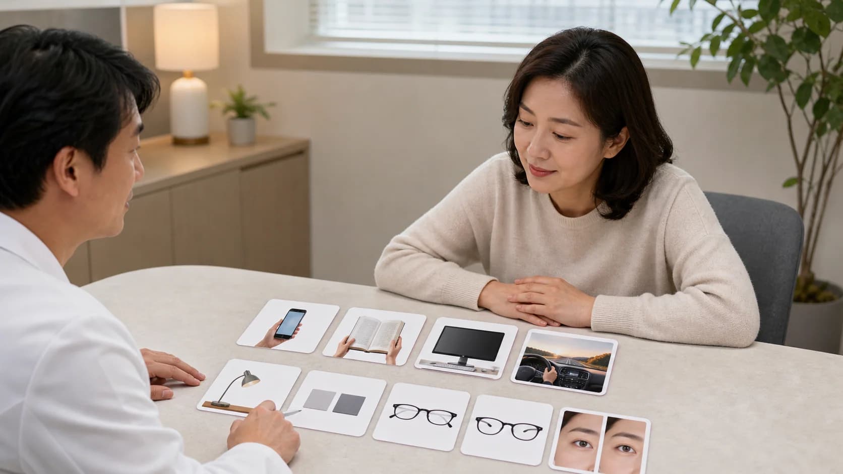 휴대폰·책·모니터 거리와 조명·글자·안경 상태를 무문자 카드로 기록하는 장면
