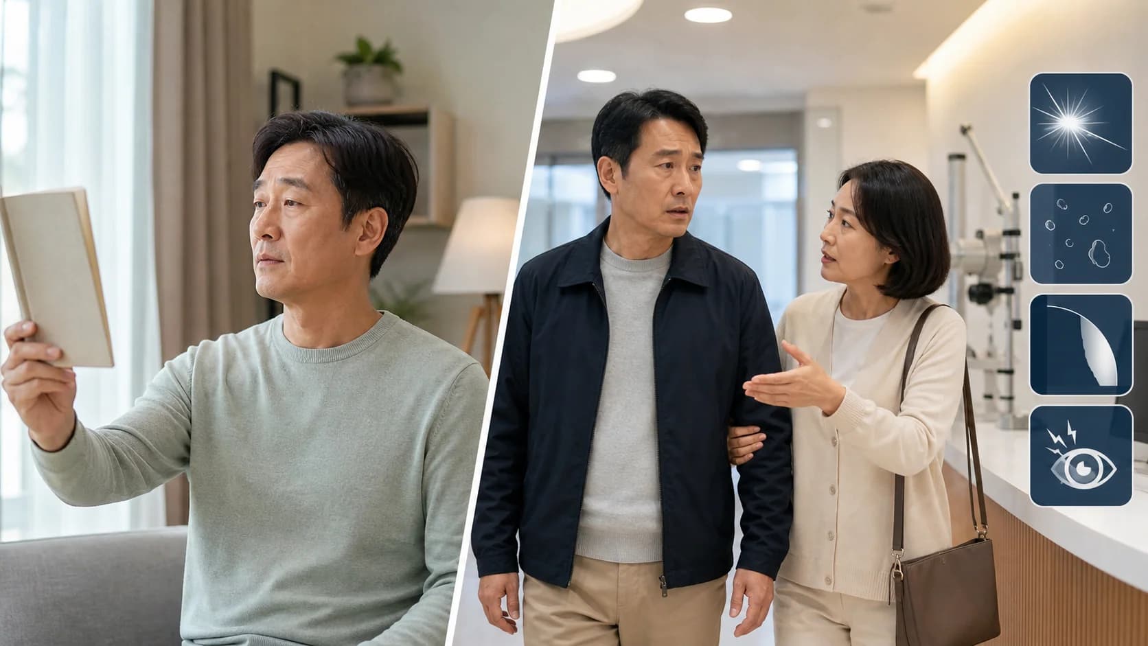 점진적 근거리 불편과 한눈 급변·번쩍임·비문·통증 신호를 분리하는 장면