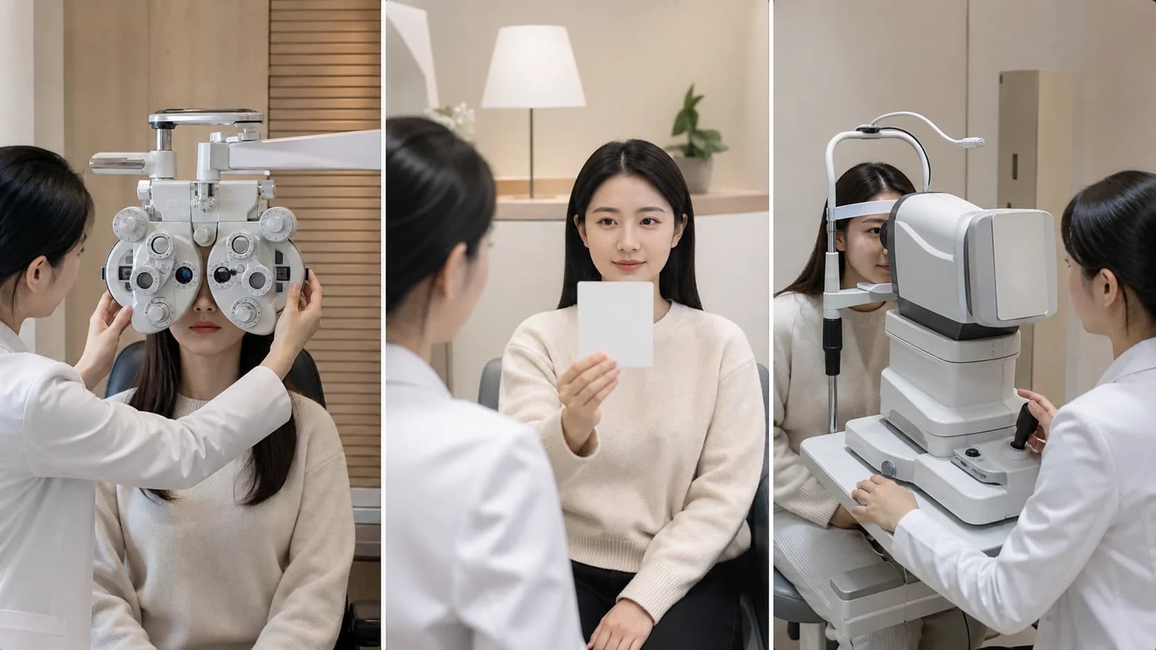 원거리 굴절검사·근거리 추가도수·세극등과 안저 평가를 잇는 검사 장면