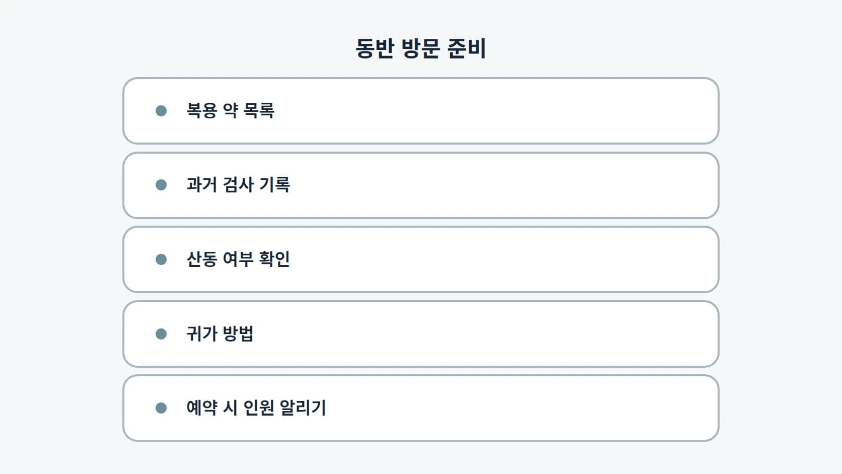 복용 약 목록, 과거 검사 기록, 산동 여부 확인, 귀가 방법, 예약 시 인원 알리기 다섯 항목을 세로로 정리한 동반 방문 체크리스트