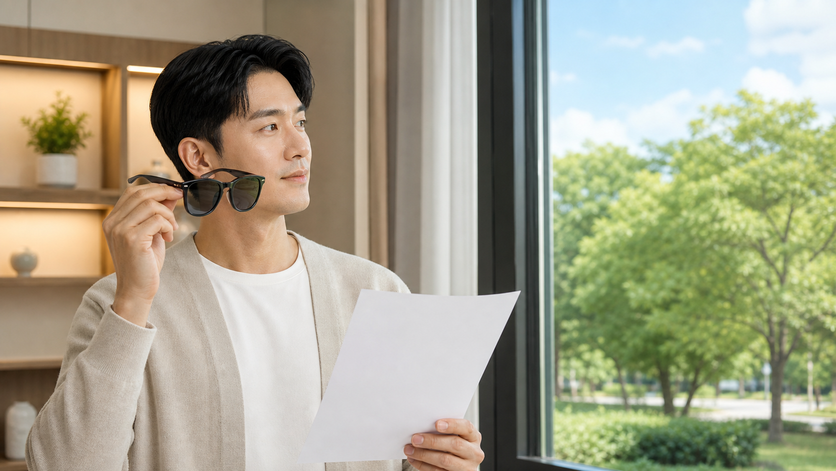 야외 활동 전 노출 환경과 선글라스 착용 범위, 수술기관 지시를 확인하는 성인